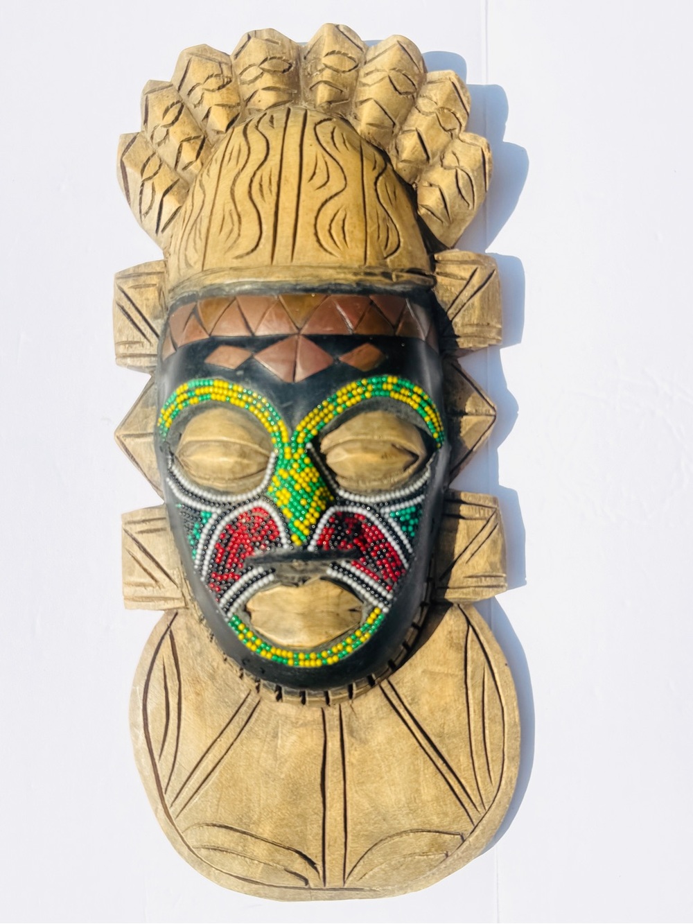 Tribal African Ashanti Ghana hand carved Wood copper Beaded inlay Face Mask LG